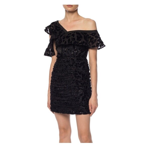 SELF PORTRAIT Metallic Leopard Frill Mini Dress Size 2 Black NEW Slim Fit Party - Picture 1 of 13